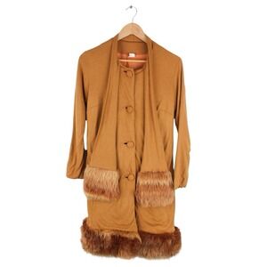 Vintage 60s Mod Hostess Coat Fur Trim Scarf Brown Acrylic Jacket Womens 14